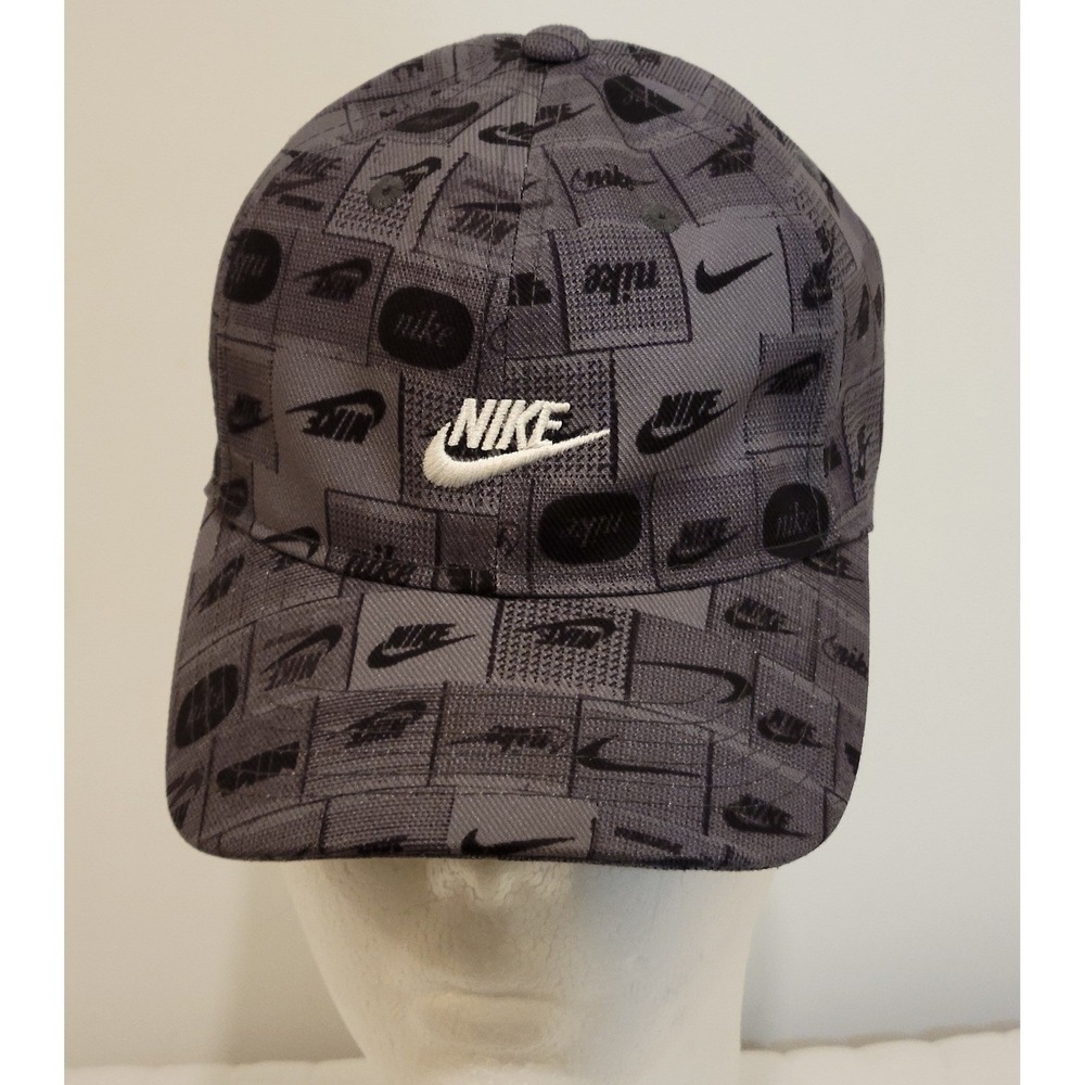 Nike Heritage86 Kids Gray All Over Logo Print Hat Baseball Club Cap Streetwear